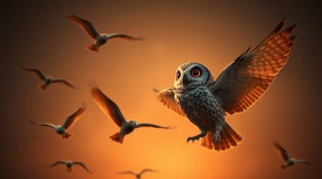 A heartwarming and subtly dark professional photograph showcasing a blind owl, rendered in a Pixar-esque style, patiently tea
