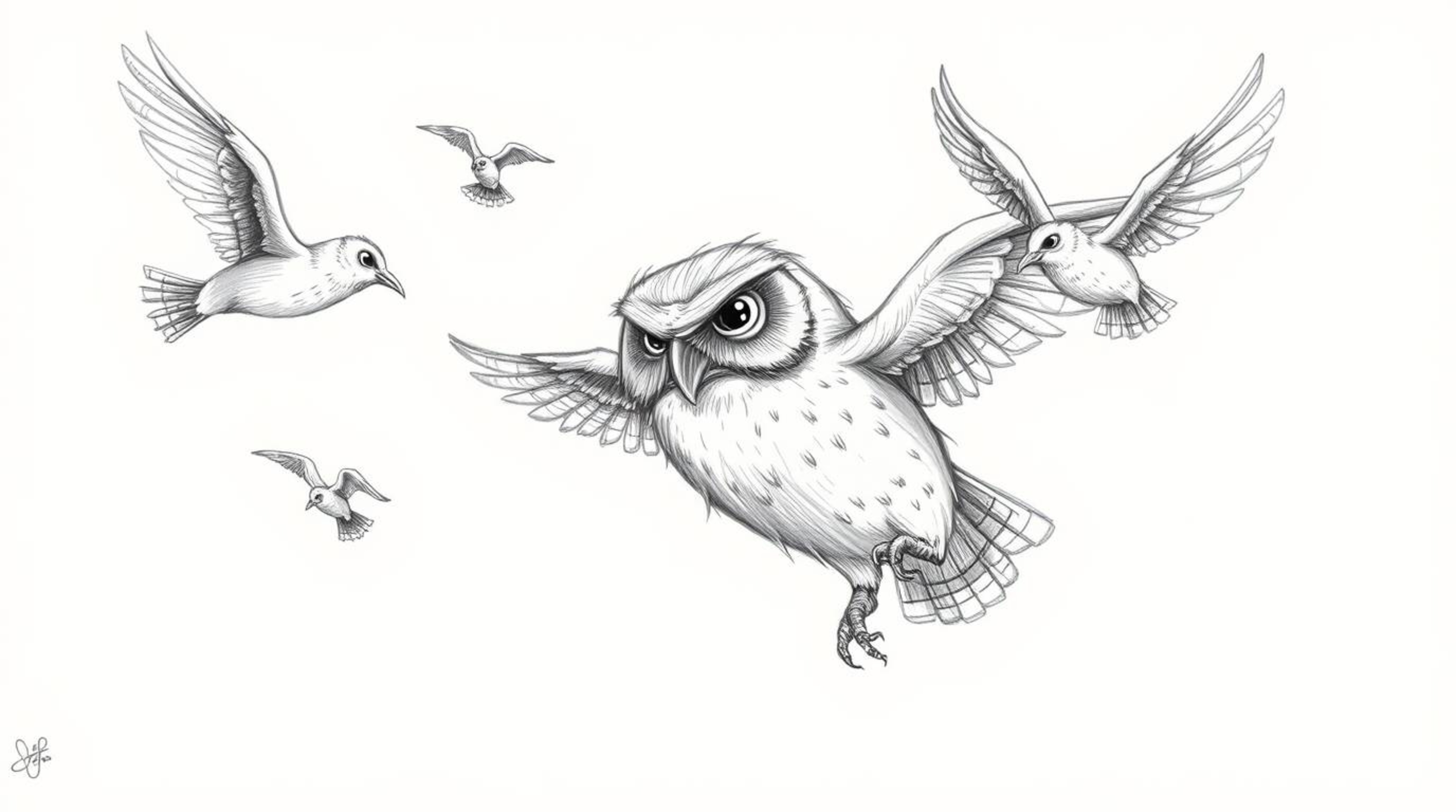 A rough textured pencil sketch, inspired by Pixar, depicting a blind owl with subtle wrinkles, skillfully guiding a group of 