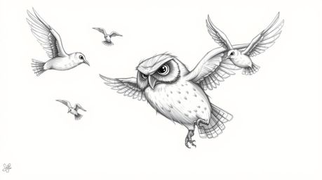 A rough textured pencil sketch, inspired by Pixar, depicting a blind owl with subtle wrinkles, skillfully guiding a group of 