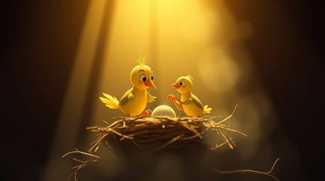 Discover stunning fine art photography depicting two cartoon birds meticulously constructing a nest. Rendered in a classic a