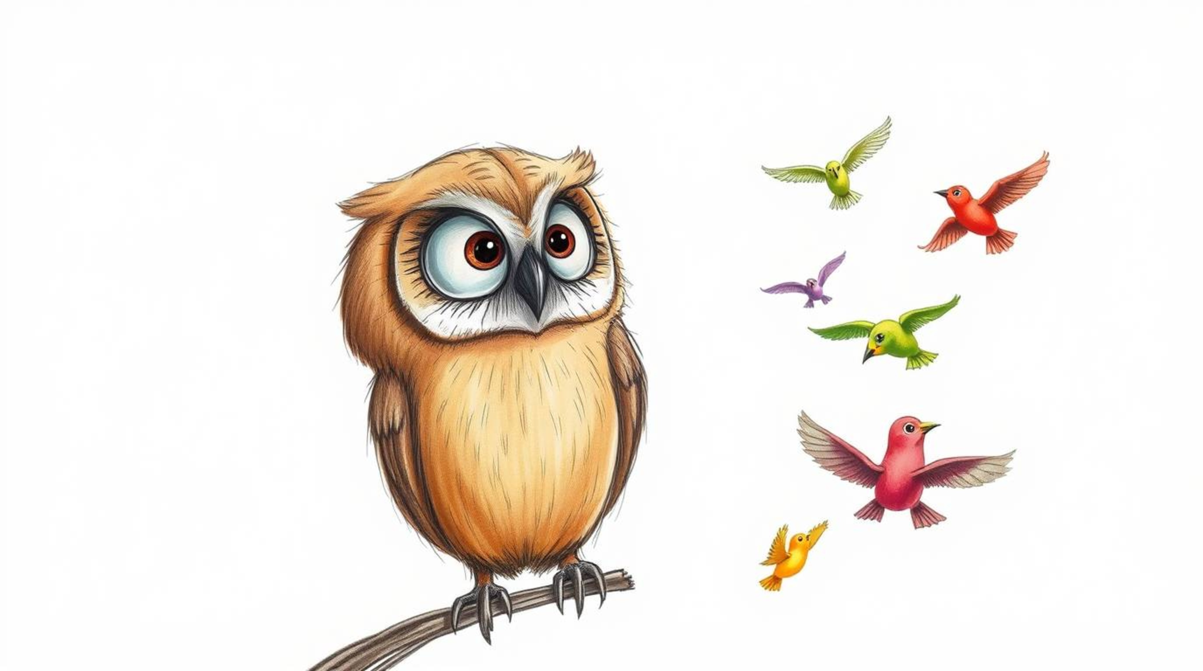 This heartwarming hand-drawn sketch, created in a distinct Pixar style, features a blind owl with soft, feathery brown plumag