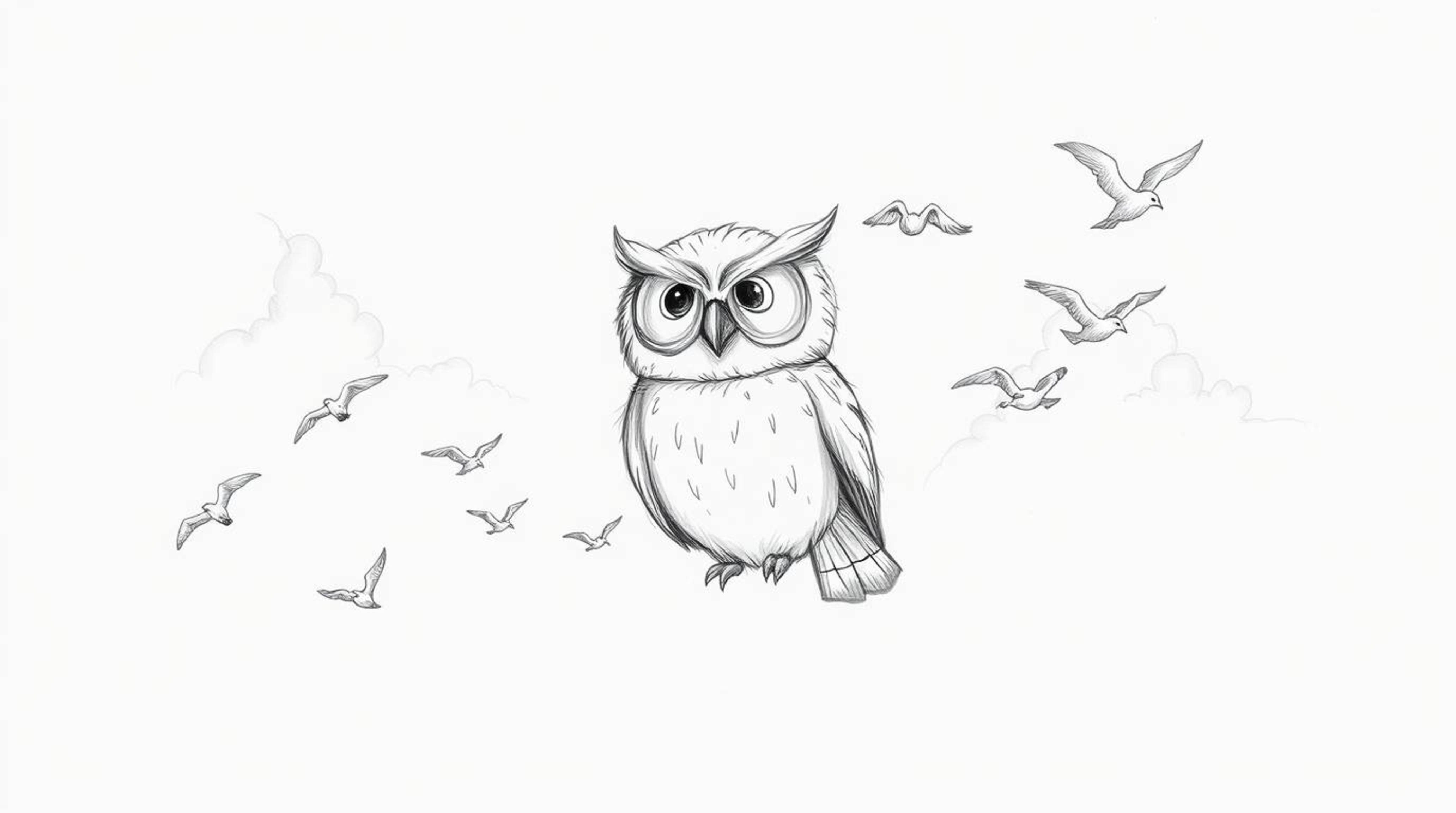 A heartwarming hand-drawn sketch, reminiscent of Pixar's style, portrays a gentle, blind owl with soft feathers and captivati