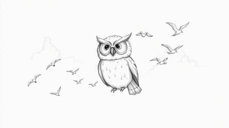 A heartwarming hand-drawn sketch, reminiscent of Pixar's style, portrays a gentle, blind owl with soft feathers and captivati
