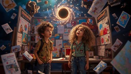 In a vibrant, cinematic photograph rendered in a hyper-realistic, Pixar-inspired style, a dynamic science fair duo unwittingl