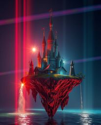 This high-resolution stock photo showcases a surreal floating island featuring unique and strange architecture. The scene is 