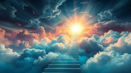 A captivating image depicting a surreal stairway ascending through turbulent smoky clouds towards a radiant celestial light, 