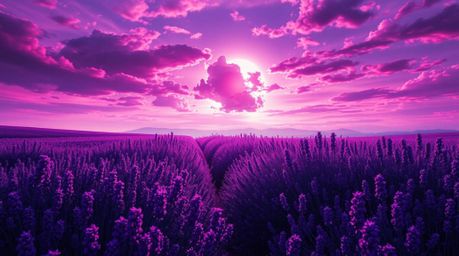 Immerse yourself in a dramatic digital painting featuring lavender fields bathed in the ethereal glow of a dreamy pink sky. R