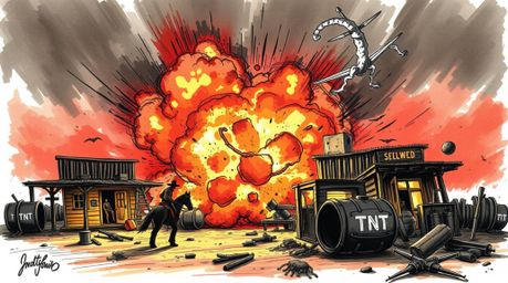 A captivating hand-drawn sketchnote depicts a Wild West TNT explosion.  The artwork showcases strong contrasts and deep shado