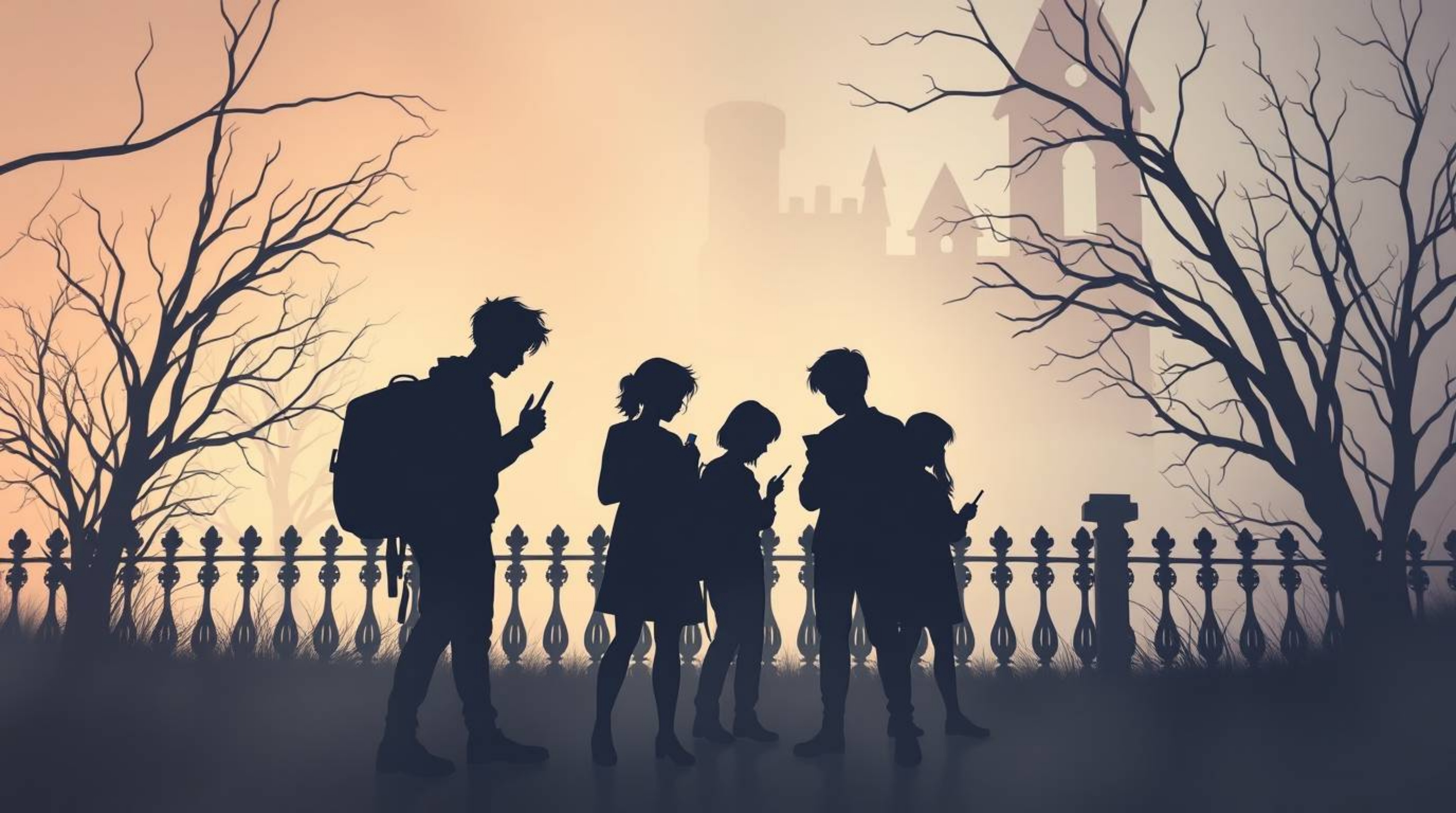 A captivating image depicts a group of teenagers silhouetted against the soft, pastel backdrop of a haunted mansion.  They're