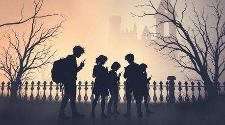 A captivating image depicts a group of teenagers silhouetted against the soft, pastel backdrop of a haunted mansion.  They're