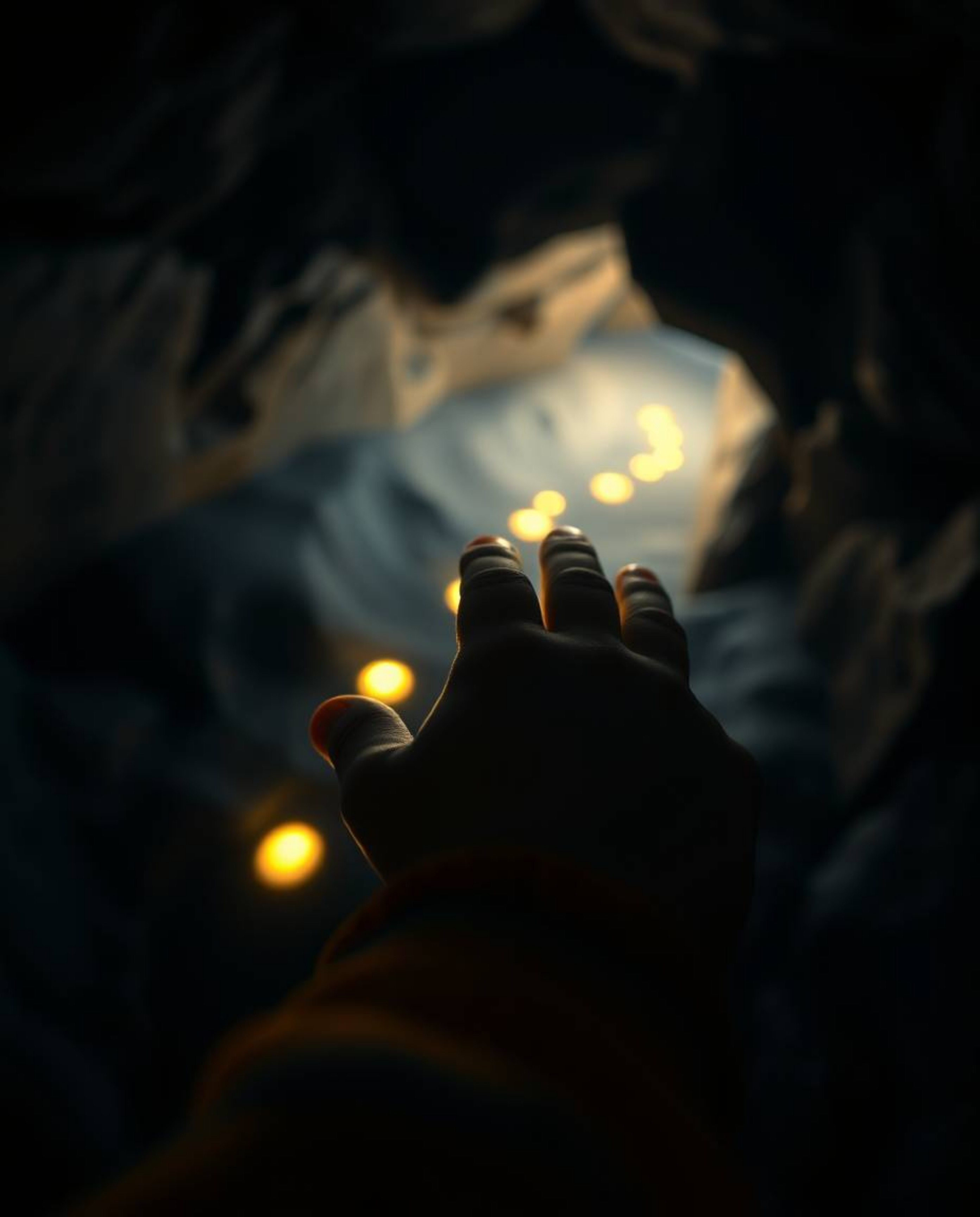 A modern flat design showcases a close-up, macro view of a child's hand following a trail of glowing footsteps into a dark ca