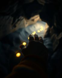 A modern flat design showcases a close-up, macro view of a child's hand following a trail of glowing footsteps into a dark ca