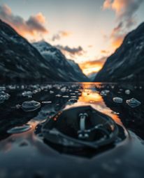 A fine art photograph presenting a tight close-up shot of a glassy fjord reflecting a sunset. This piece, created in a profes
