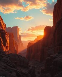 An epic, modern, and futuristic scene captures sandstone cliffs in a canyon, illuminated by a brilliant sunset. This artwork 
