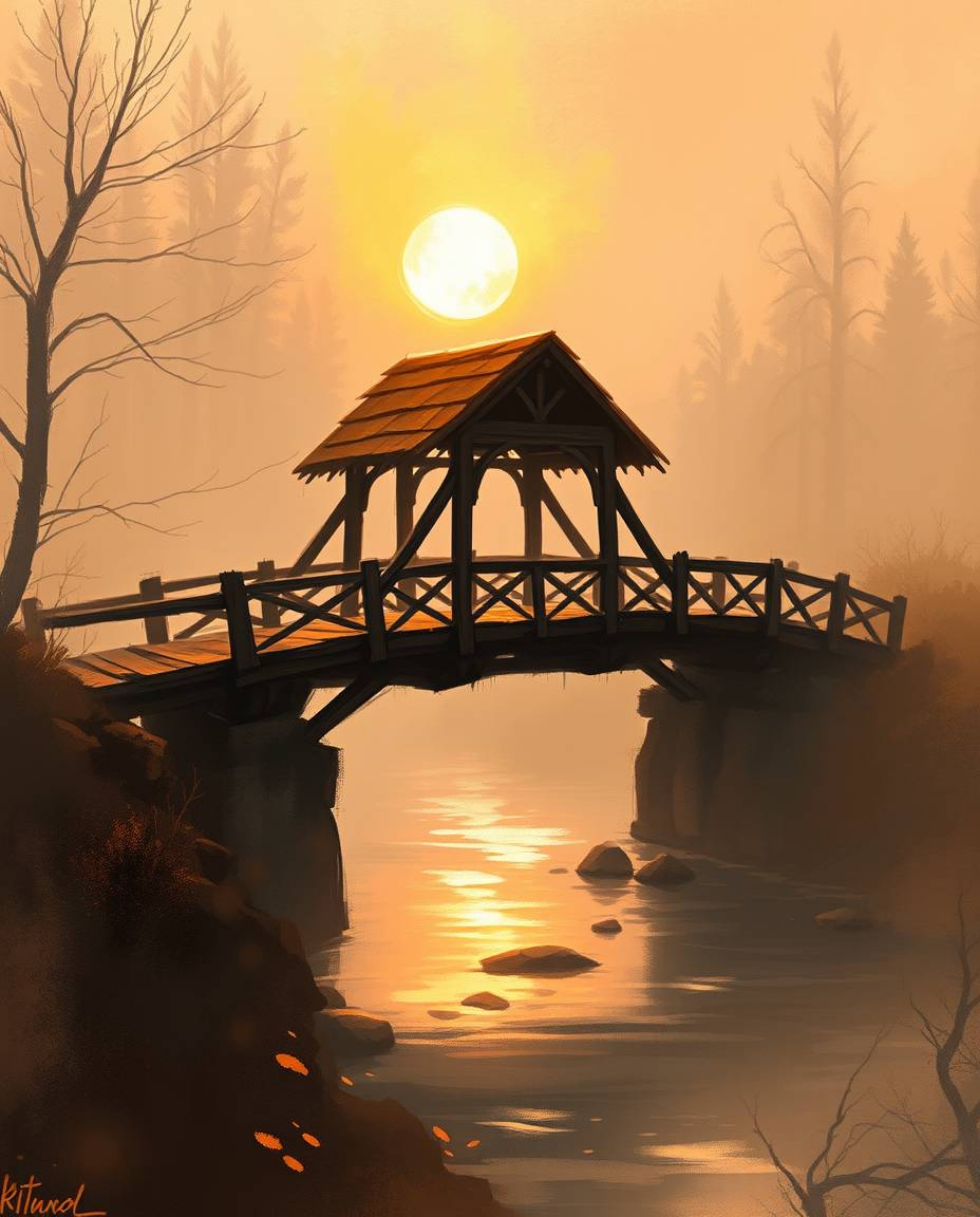 A captivating digital sketch portrays an old wooden bridge over a river, set against a beautiful sunset. The scene is illumin