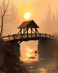 A captivating digital sketch portrays an old wooden bridge over a river, set against a beautiful sunset. The scene is illumin