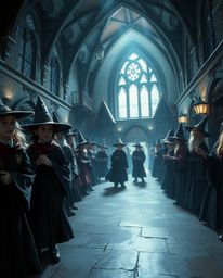A dramatic digital painting depicts a magical school brimming with young wizards.  Photographed from a low angle with high co