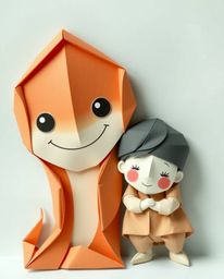 This intricate origami-style illustration depicts a heartwarming scene of a friendly sea creature befriending a child. The wa
