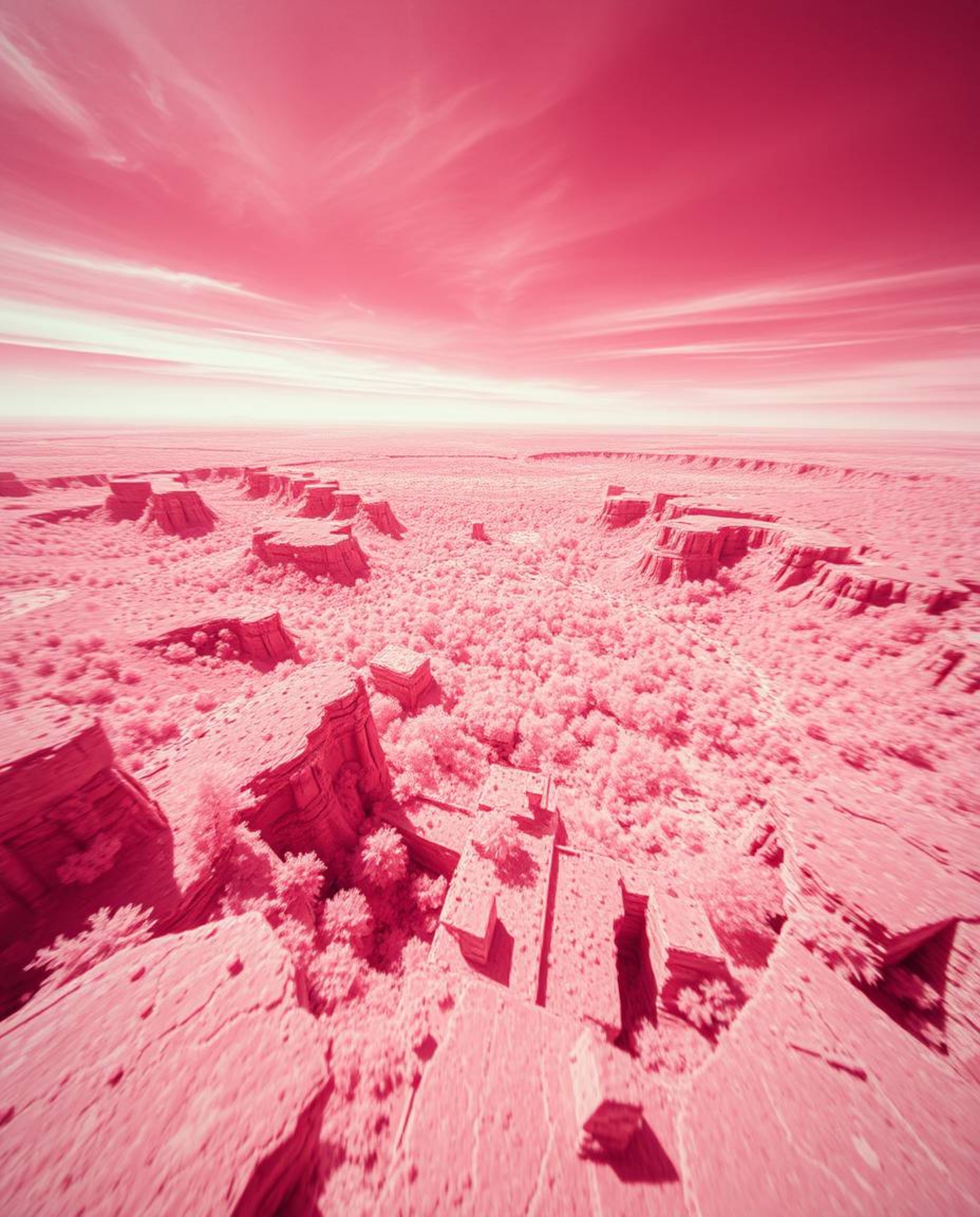 Explore a breathtaking surreal landscape captured in infrared, showcasing a digital glitch effect.  This high-angle perspecti