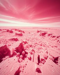 Explore a breathtaking surreal landscape captured in infrared, showcasing a digital glitch effect.  This high-angle perspecti