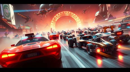 Experience a grand, epic racing scene filled with outlandish cars and cutting-edge futuristic technology. The scene is split 