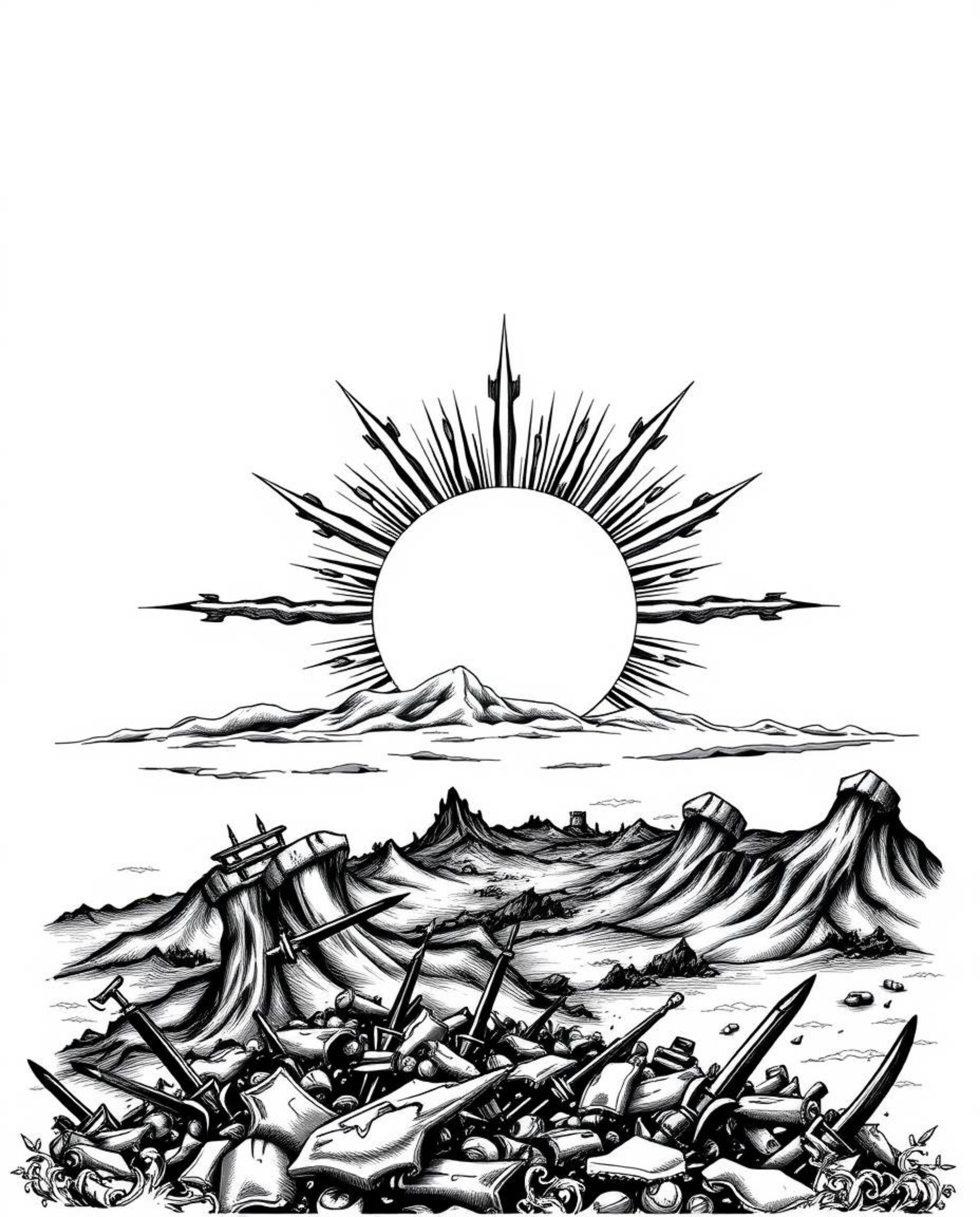 This stunning black and white print captures a sunrise over a war-torn landscape, rendered in a symbolic, traditional tattoo 