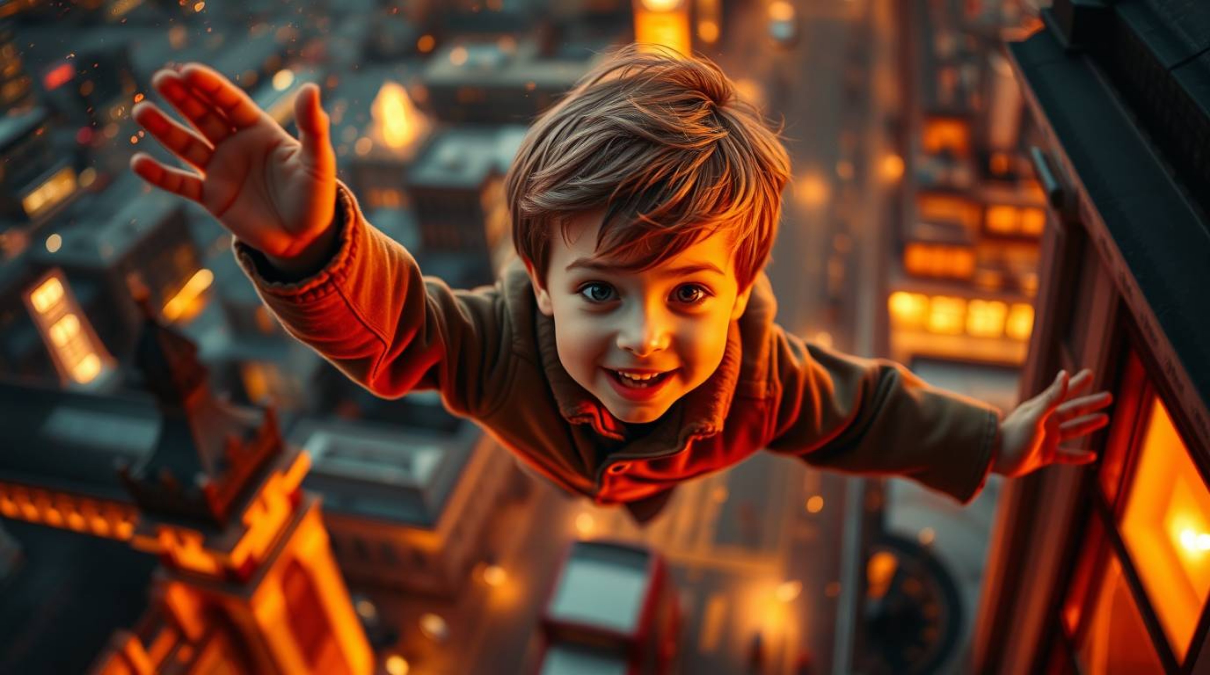 A tight close-up shot featuring a young boy joyfully flying above London, propelled by magical pixie dust. The scene is bathe