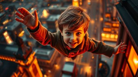 A tight close-up shot featuring a young boy joyfully flying above London, propelled by magical pixie dust. The scene is bathe