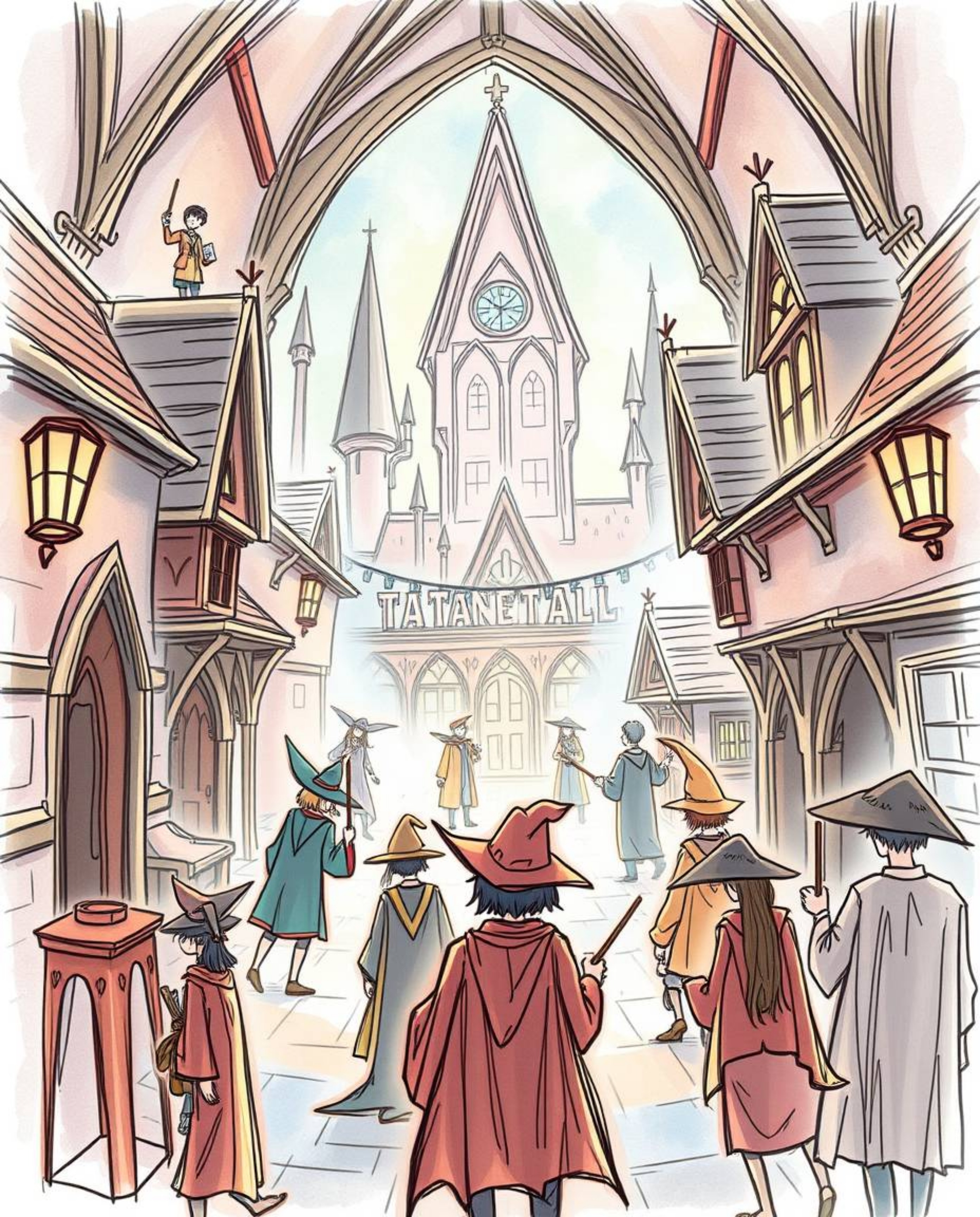 Immerse yourself in a dreamy, hand-drawn world of young wizards at a magical school depicted in a vibrant color sketchnote st