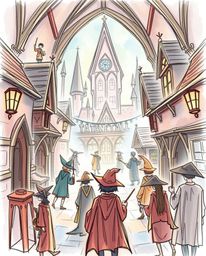 Immerse yourself in a dreamy, hand-drawn world of young wizards at a magical school depicted in a vibrant color sketchnote st