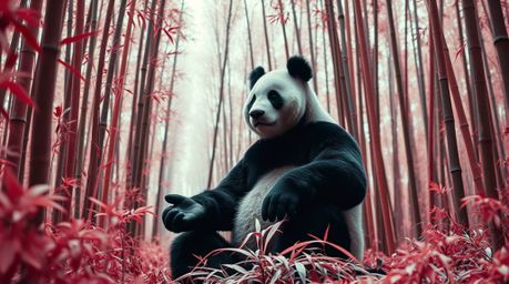 A captivating image showcases a martial artist panda in deep meditation within a bamboo forest.  The photograph utilizes infr
