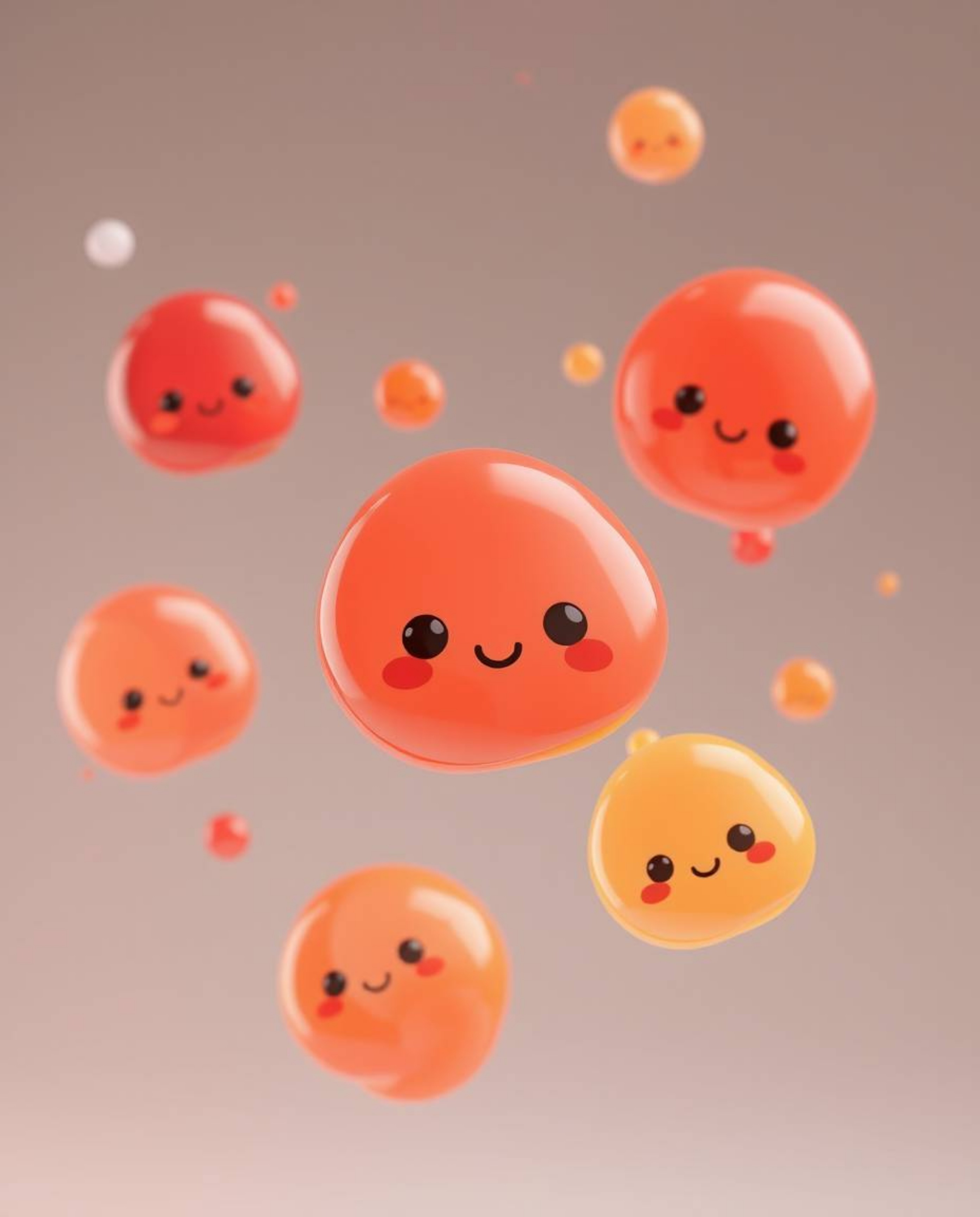 This 3D render showcases adorable and cute fluid organic blobs crafted with translucent materials, gently floating in space. 
