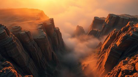A stunning bird's-eye view illustration showcases a rocky canyon enveloped in a thick fog at sunset.  The warm sunset hues ar