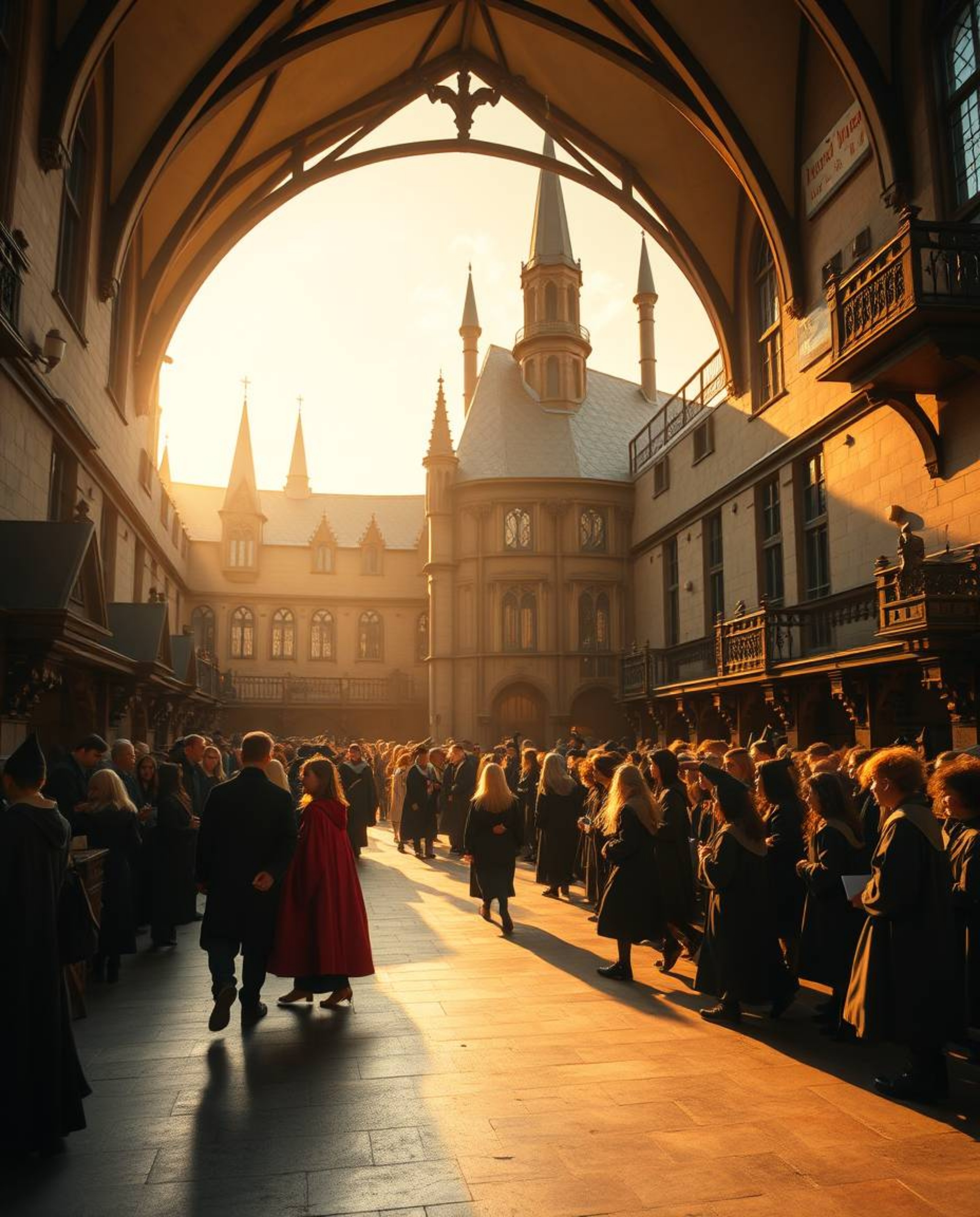 Experience the enchantment of a magical school filled with young wizards, captured in a precise architectural color photograp