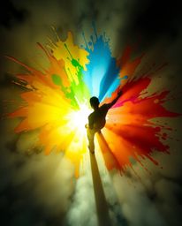 Explore a modern art piece featuring a human silhouette composed of vibrant splash patterns. The image showcases a high-angle