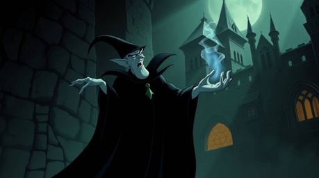 A classic Disney villain casts a powerful spell within the ancient walls of a crumbling castle. Rendered in a moody, chiaros