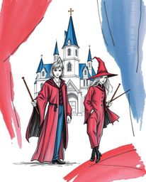 Explore a magical school brought to life in a hand-drawn sketch featuring young wizards. Rich burgundy and deep blue tones cr