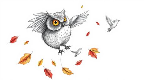 A hand-drawn sketch depicts a wise, blind owl with intricate feather details, rendered in a Pixar-inspired style.  The owl ge