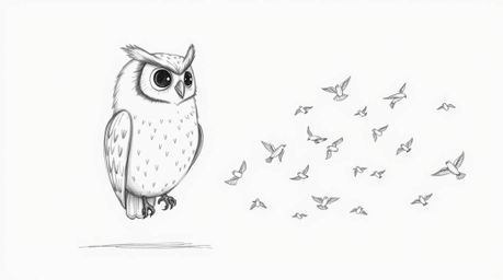 A captivating hand-drawn sketch in the style of Pixar depicts a blind owl, distinguished by its subtly textured feathers and 