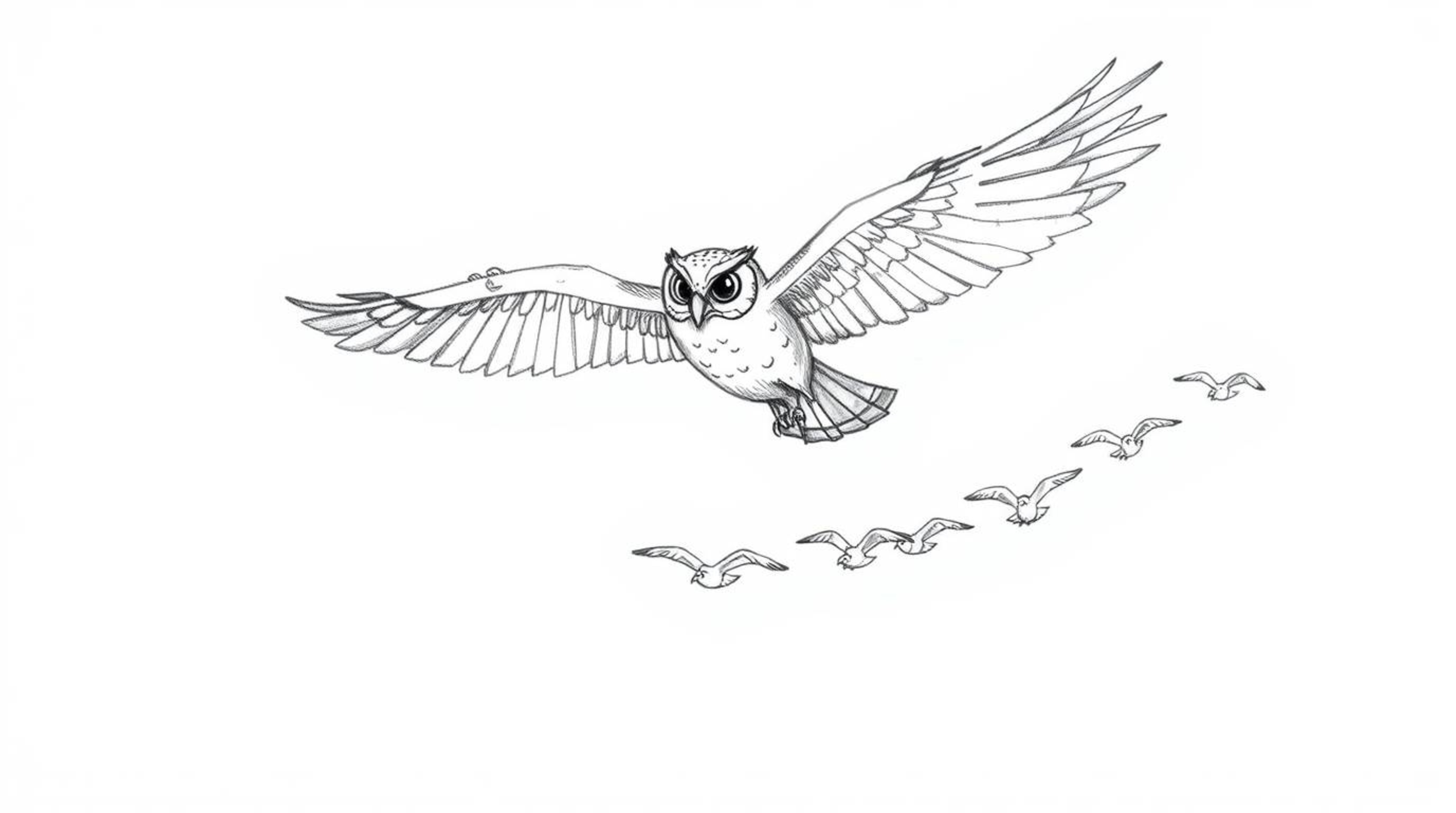 A heartwarming hand-drawn sketch depicts a blind owl, rendered in a charming Pixar-esque style, guiding a flock of birds in t