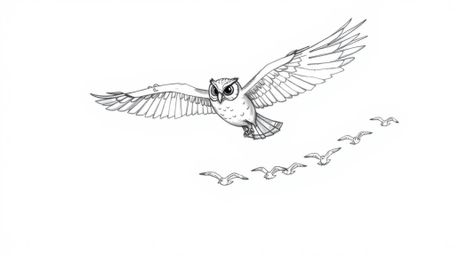 A heartwarming hand-drawn sketch depicts a blind owl, rendered in a charming Pixar-esque style, guiding a flock of birds in t