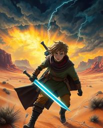 Embark on a thrilling Disney-style desert adventure with a brave hero facing intense dramatic weather and stormy skies. Exper