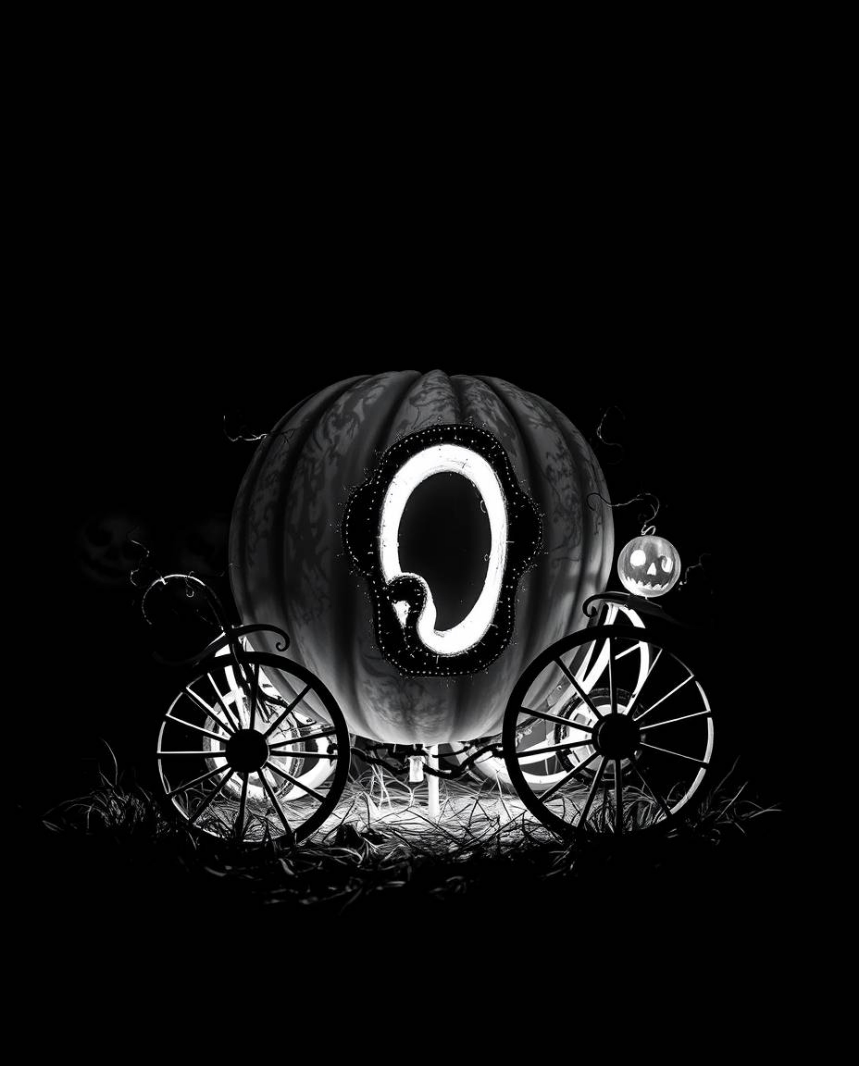 A captivating piece of dark art depicts a classic black and white image of a magical pumpkin transforming into a carriage.  T