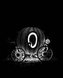 A captivating piece of dark art depicts a classic black and white image of a magical pumpkin transforming into a carriage.  T