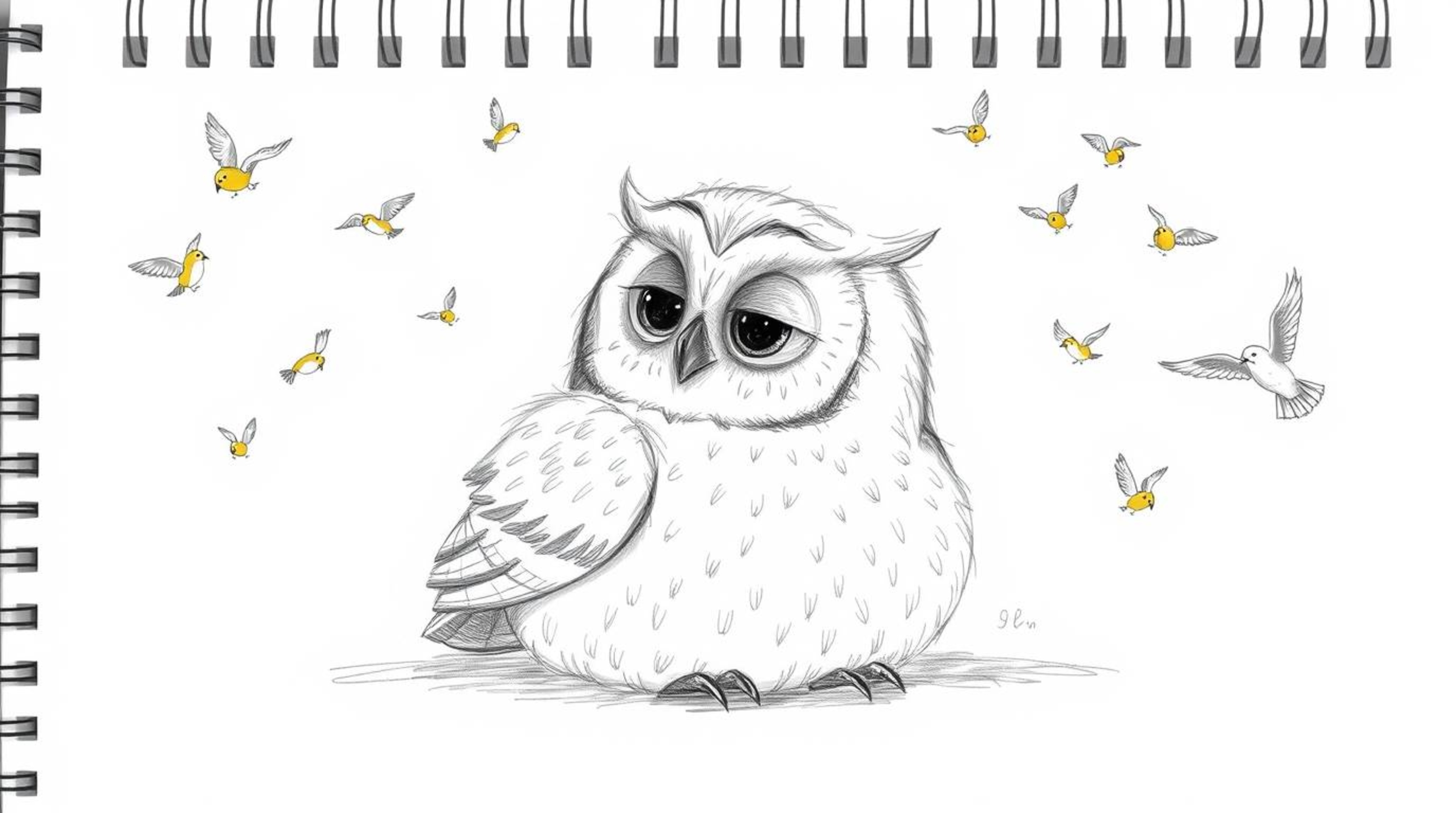 A heartwarming hand-drawn sketch reminiscent of Pixar's style, featuring a blind owl with gentle feathers peacefully resting 