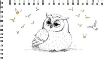 A heartwarming hand-drawn sketch reminiscent of Pixar's style, featuring a blind owl with gentle feathers peacefully resting 