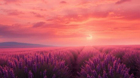 Experience the warm embrace of autumn with this collection showcasing lavender fields bathed in a dreamy pink sky. Earthy and