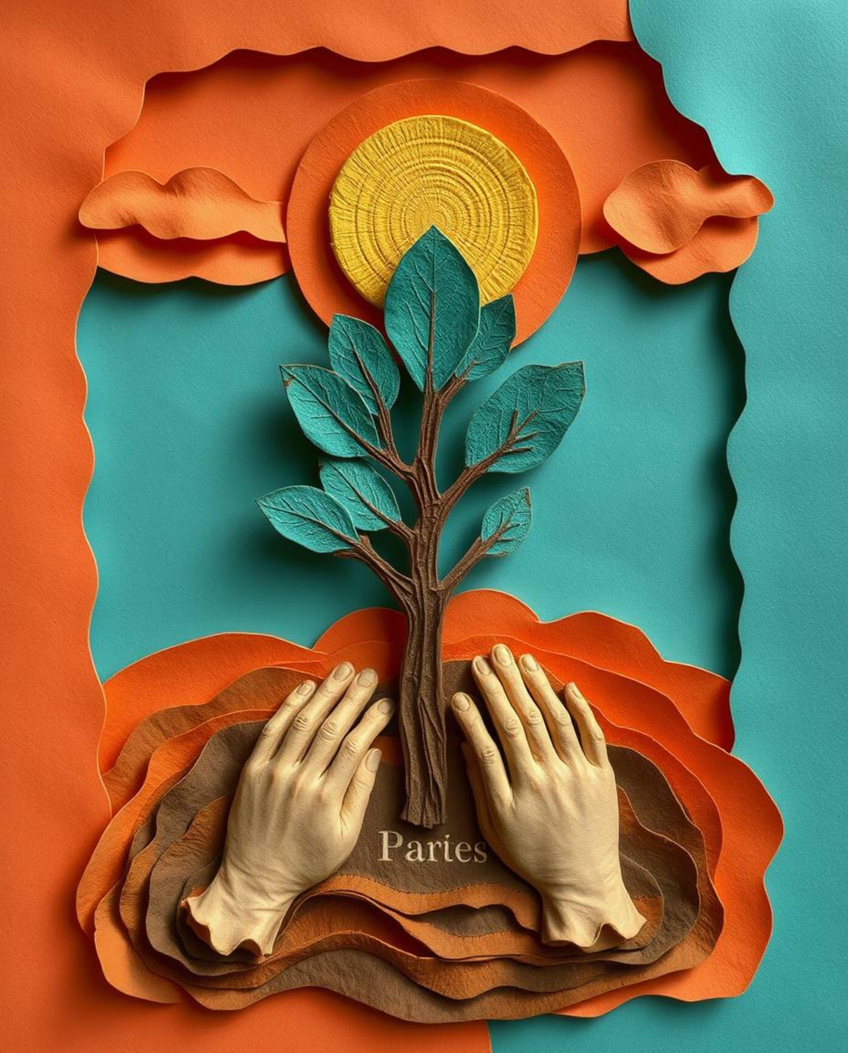 A captivating image depicting hands planting a tree under a golden sky, crafted from layered papier-mâché in warm terracotta 