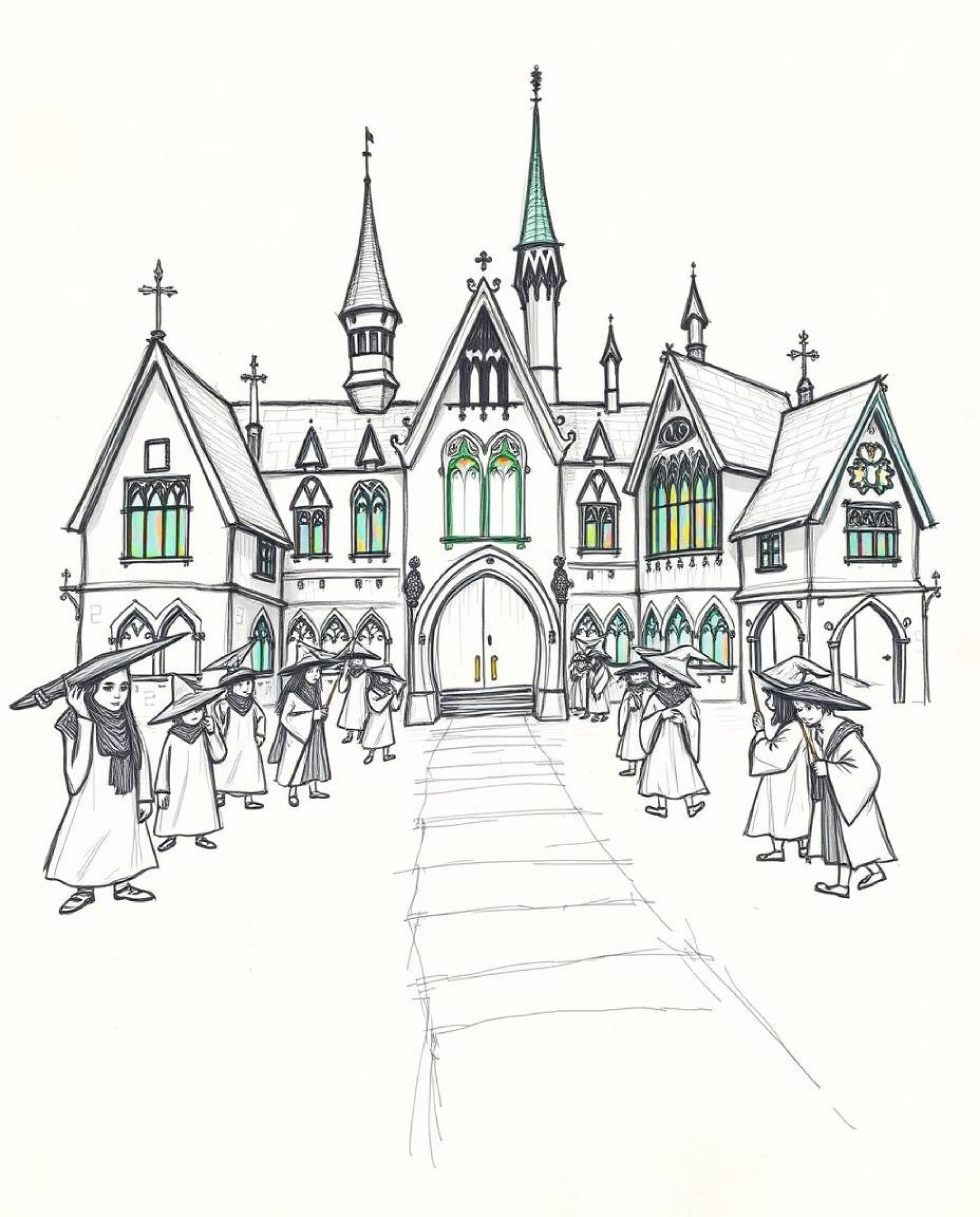 A captivating hand-drawn sketch depicts a magical school teeming with young wizards, brought to life with iridescent colors. 