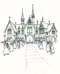 A captivating hand-drawn sketch depicts a magical school teeming with young wizards, brought to life with iridescent colors. 